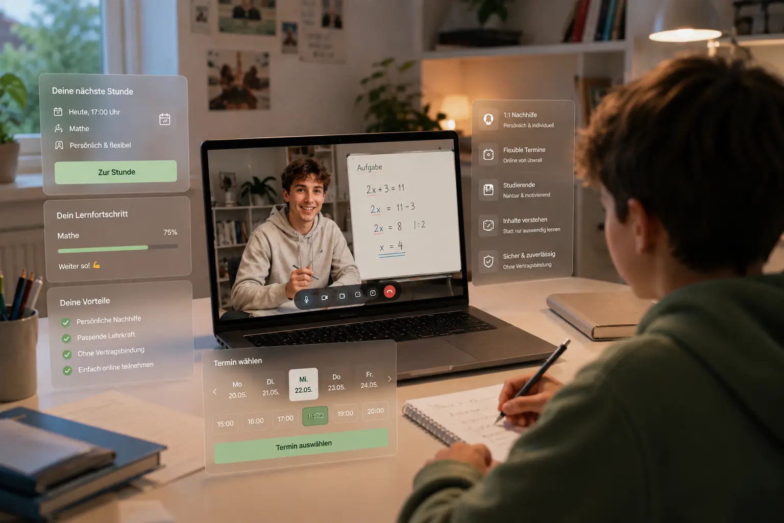 Modernes Lernerlebnis mit Online-Nachhilfe, Terminübersicht und Lernfortschritt