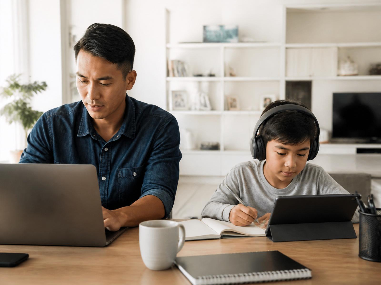Berufstätiges Elternteil am Laptop, während das Kind an einer Online-Lernsession teilnimmt